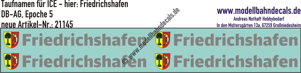 "Nass-Schiebebilder: Taufnamen für ICE ""Friedrichshafen"", DB-AG, Epoche 5. Artikel-Nummer: 21145"