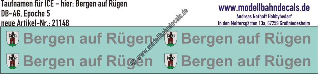 "Nass-Schiebebilder: Taufnamen für ICE ""Bergen auf Rügen"", DB-AG, Epoche 5. Artikel-Nummer: 21148"