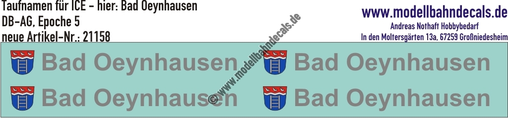 "Nass-Schiebebilder: Taufnamen für ICE ""Bad Oeynhausen"", DB-AG, Epoche 5. Artikel-Nummer: 21158"
