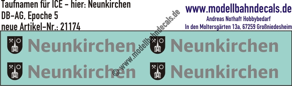 "Nass-Schiebebilder: Taufnamen für ICE ""Neunkirchen"", DB-AG, Epoche 5. Artikel-Nummer: 21174"