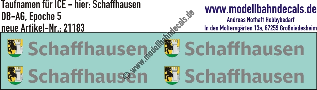 "Nass-Schiebebilder: Taufnamen für ICE ""Schaffhausen"", DB-AG, Epoche 5. Artikel-Nummer: 21183"