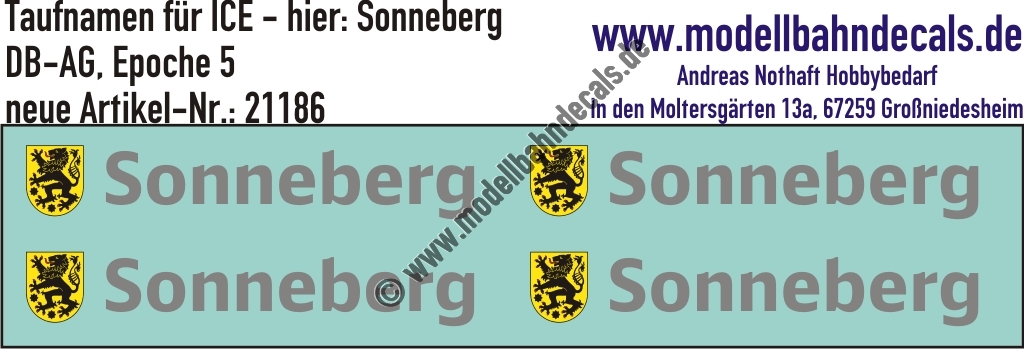 "Nass-Schiebebilder: Taufnamen für ICE ""Sonneberg"", DB-AG, Epoche 5. Artikel-Nummer: 21186"