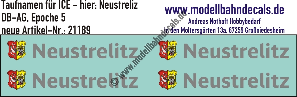 "Nass-Schiebebilder: Taufnamen für ICE ""Neustrelitz"", DB-AG, Epoche 5. Artikel-Nummer: 21189"