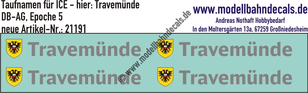 "Nass-Schiebebilder: Taufnamen für ICE ""Travemünde"", DB-AG, Epoche 5. Artikel-Nummer: 21191"