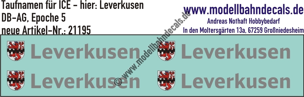 "Nass-Schiebebilder: Taufnamen für ICE ""Leverkusen"", DB-AG, Epoche 5. Artikel-Nummer: 21195"