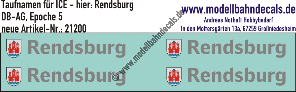 "Nass-Schiebebilder: Taufnamen für ICE ""Rendsburg"", DB-AG, Epoche 5. Artikel-Nummer: 21200"