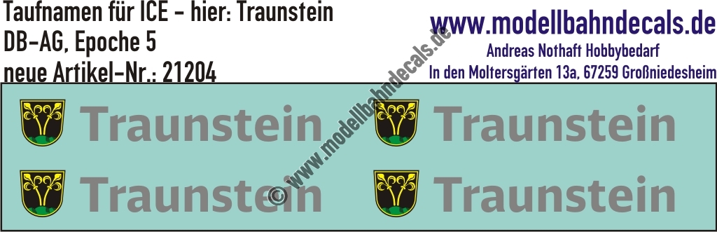 "Nass-Schiebebilder: Taufnamen für ICE ""Traunstein"", DB-AG, Epoche 5. Artikel-Nummer: 21204"