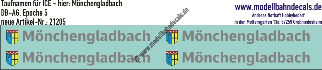 "Nass-Schiebebilder: Taufnamen für ICE ""Mönchengladbach"", DB-AG, Epoche 5. Artikel-Nummer: 21205"