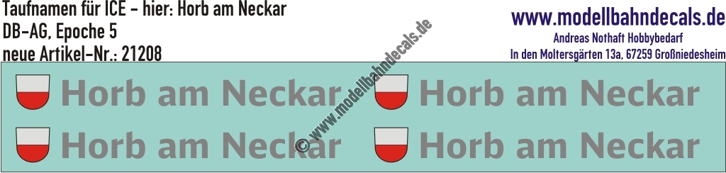 "Nass-Schiebebilder: Taufnamen für ICE ""Horb am Neckar"", DB-AG, Epoche 5. Artikel-Nummer: 21208"
