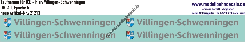 "Nass-Schiebebilder: Taufnamen für ICE ""Villingen-Schwenningen"", DB-AG, Epoche 5. Artikel-Nummer: 21213"