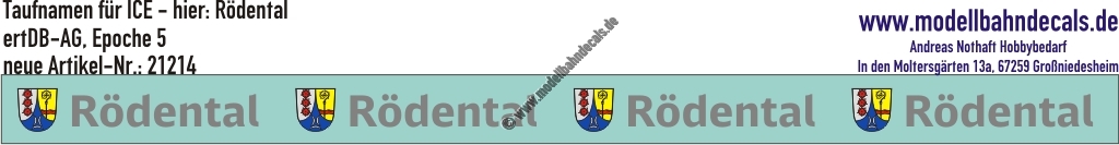 "Nass-Schiebebilder: Taufnamen für ICE ""Rödental"", DB-AG, Epoche 5. Artikel-Nummer: 21214"