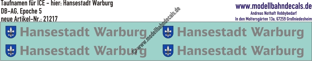 "Nass-Schiebebilder: Taufnamen für ICE ""Hansestadt Warburg"", DB-AG, Epoche 5. Artikel-Nummer: 21217"