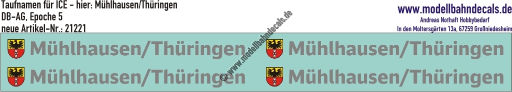 "Nass-Schiebebilder: Taufnamen für ICE ""Mühlhausen/Thüringen"", DB-AG, Epoche 5. Artikel-Nummer: 21221"