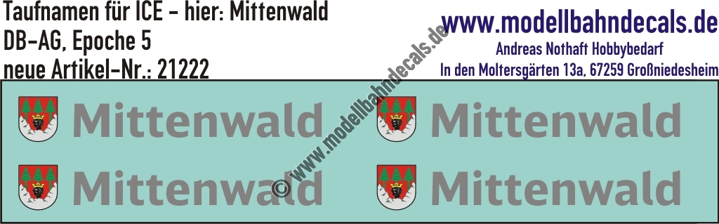 "Nass-Schiebebilder: Taufnamen für ICE ""Mittenwald"", DB-AG, Epoche 5. Artikel-Nummer: 21222"