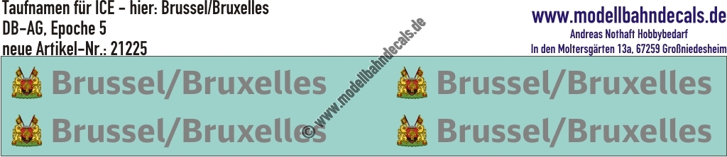 "Nass-Schiebebilder: Taufnamen für ICE ""Brüssel (Brussels/Bruxelles)"", DB-AG, Epoche 5. Artikel-Nummer: 21225"