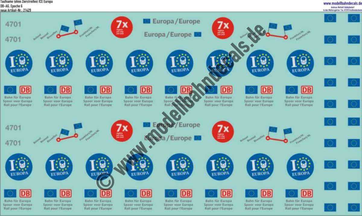 "Nass-Schiebebilder: Taufnamen ohne Zierstreifen für ICE ""Europa/Europe"", DB-AG, Epoche 6. Artikel-Nummer: 21429"