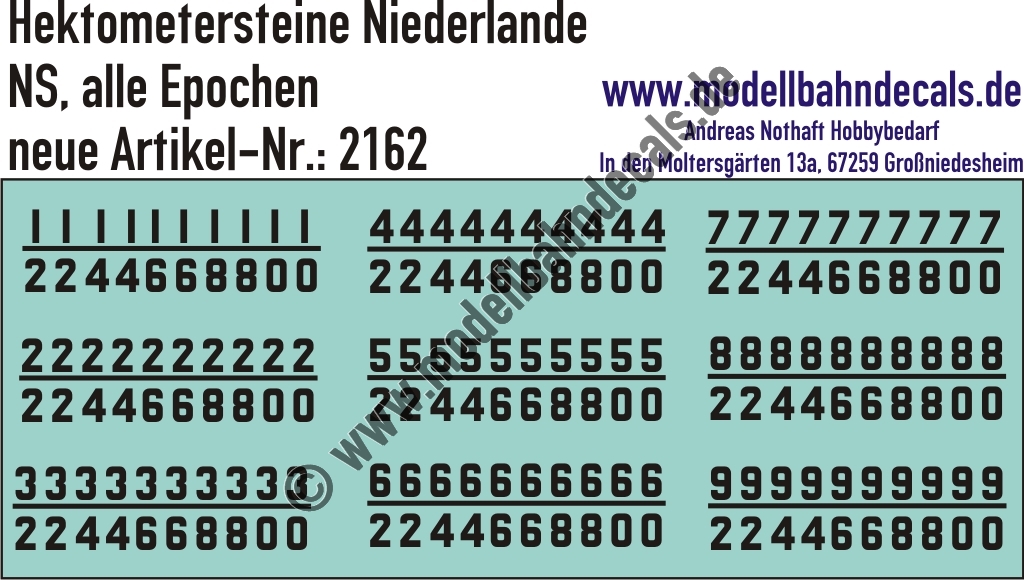 Nass-Schiebebilder: Hektometerbeschriftung Niederlande Schwarz. Artikel-Nummer: 2162