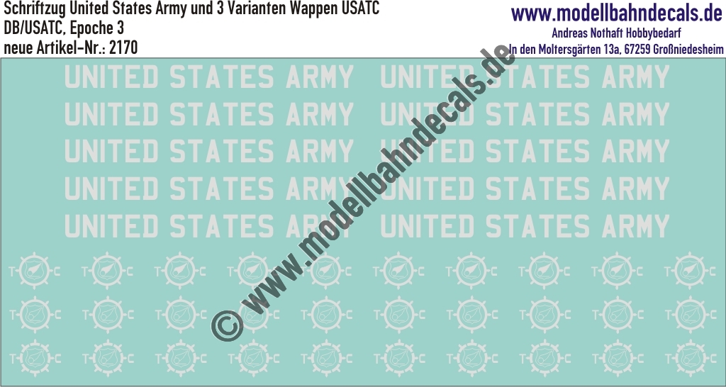 "Nass-Schiebebilder: Schriftzug United States Army und 3 Varianten Wappen USATC, Weiss. Artikel-Nummer: 2170"