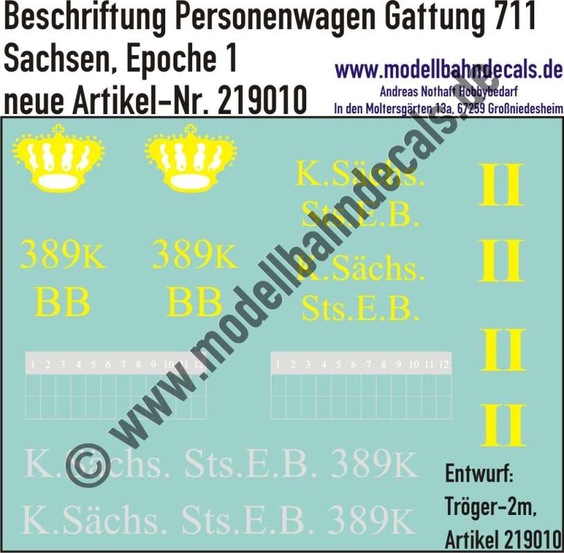 Nass-Schiebebilder: Personenwagen-Komplettbeschriftung Gattung 711, Königlich sächsische Staats Eisenbahn, Epoche 1, Entwurf: Tröger-2m, Art. 219010.
