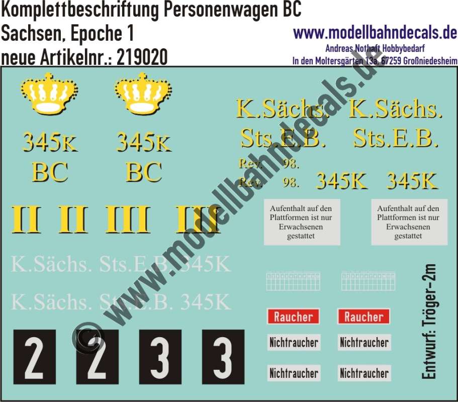 Nass-Schiebebilder: Personenwagen-Komplettbeschriftung BC, Königlich sächsische Staats Eisenbahn, Epoche 1, Entwurf: Tröger-2m, Art. 219020