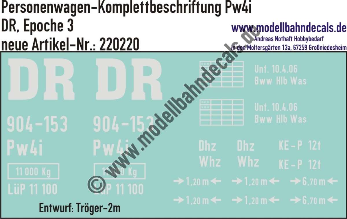 Nass-Schiebebilder: Personenwagen-Komplettbeschriftung Pw4, DR, Epoche 3; Entwurf Tröger-2m. Artikel-Nummer: 220220