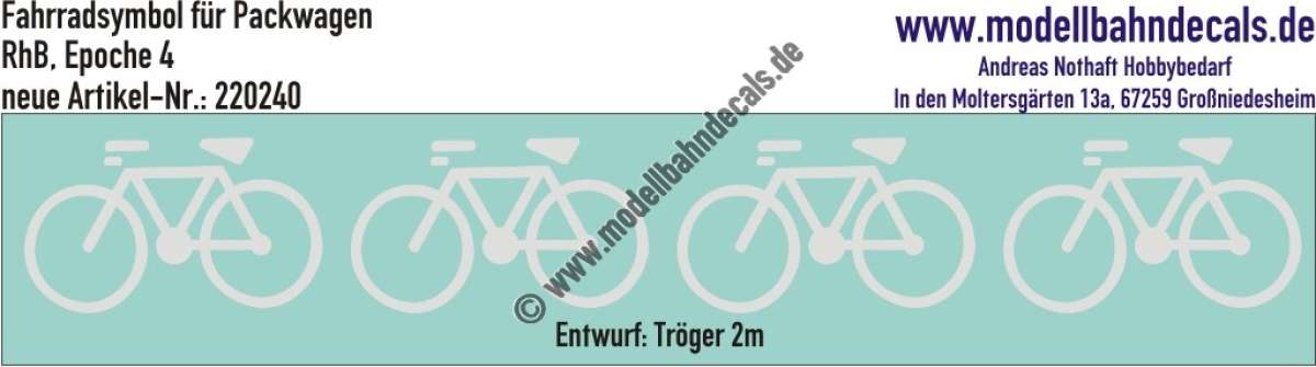 Nass-Schiebebilder: Fahrrad-Symbole für Packwagen der RhB (Rhätische Bahn), Epoche 4, Entwurf Tröger-2m, Artikel-Nummer: 220240