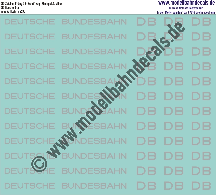 "Nass-Schiebebilder: DB-Zeichen F-Zug DB-Schriftzug (RheinGold), Silber. Artikel-Nummer: 2280"