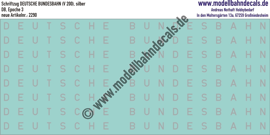 "Nass-Schiebebilder: Schriftzug DEUTSCHE BUNDESBAHN (V 200), Silber. Artikel-Nummer: 2290"