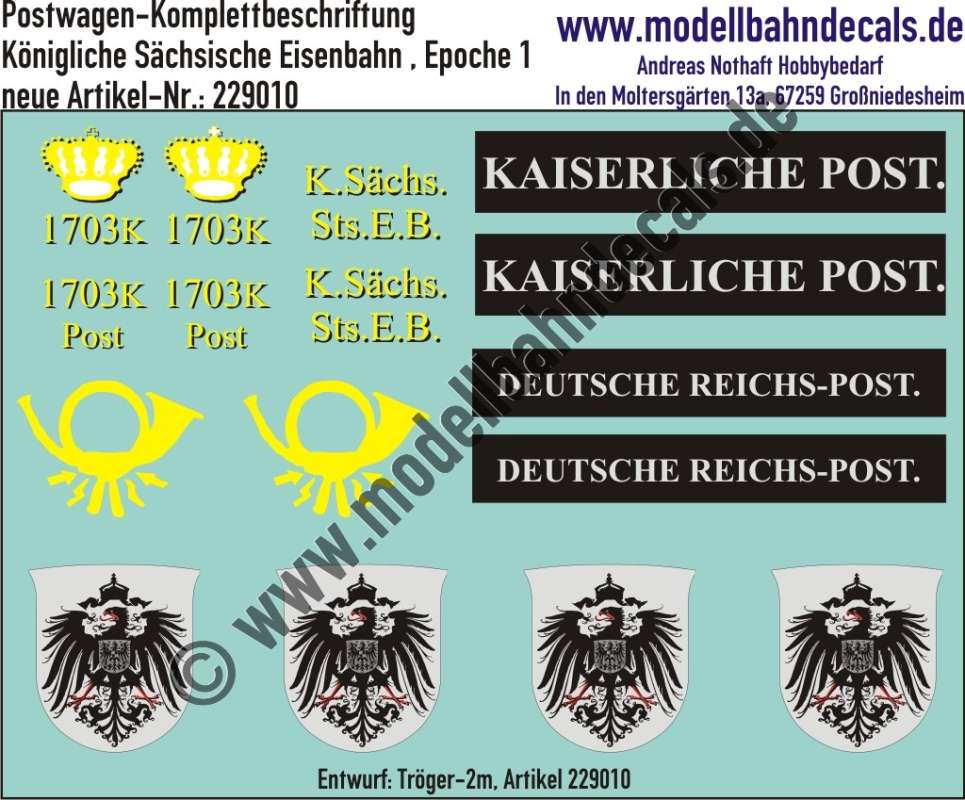 Nass-Schiebebilder: Postwagen-Komplettbeschriftung Königliche Sächsische Eisenbahn, Epoche 1, Entwurf Tröger-2m, Art. 229010.