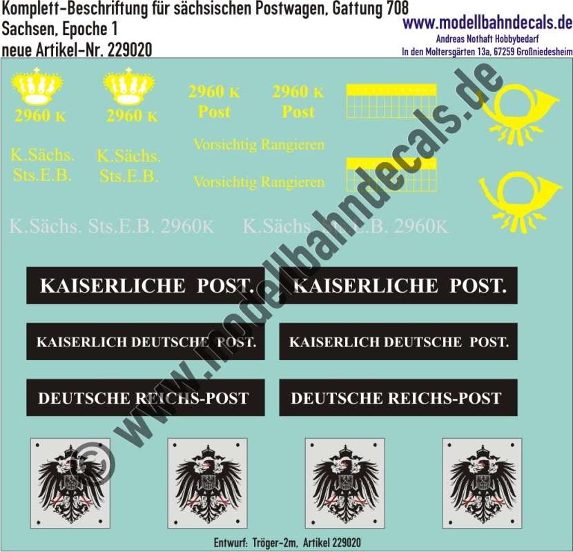 Nass-Schiebebilder: Komplett-Beschriftung für sächsischen Postwagen, Gattung 708, Sachsen, Epoche 1, Entwurf: Tröger-2m, Art. 229020.