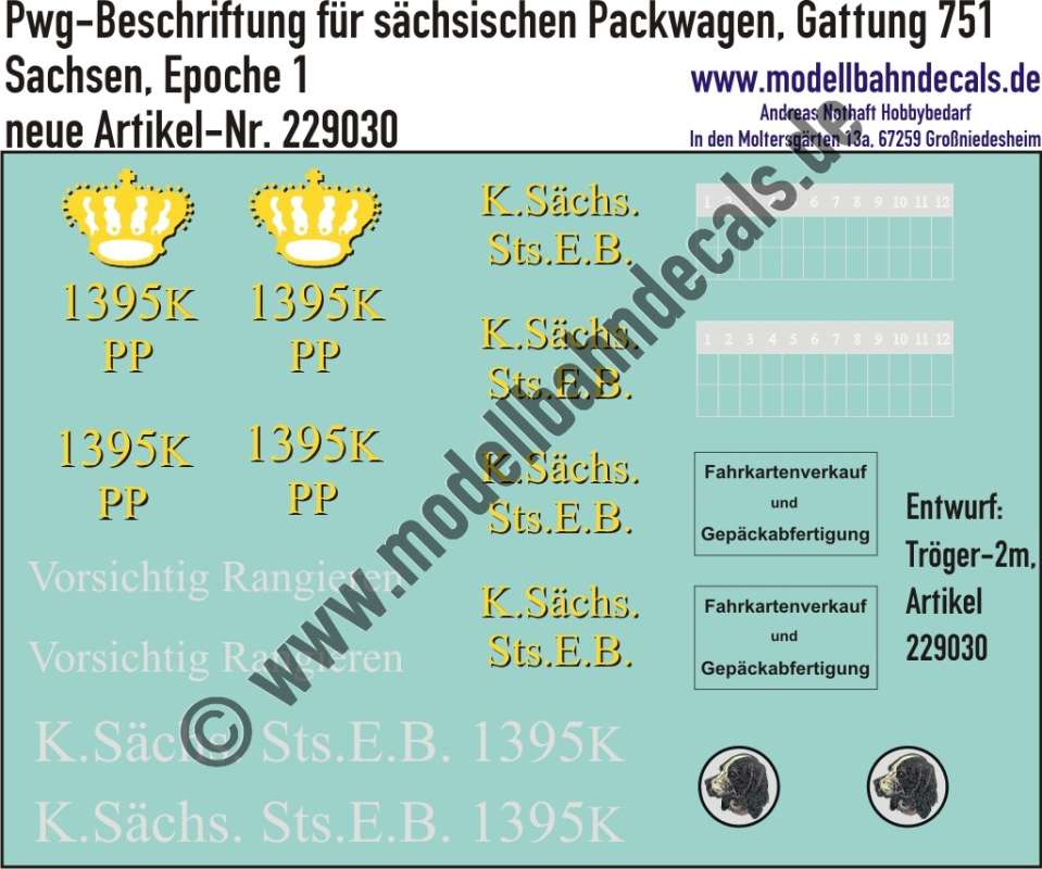 Nass-Schiebebilder: Nass-Schiebebilder: Pwg-Beschriftung für sächsischen Packwagen, Gattung 751, Sachsen, Epoche 1, Entwurf: Tröger-2m, Art. 229030.