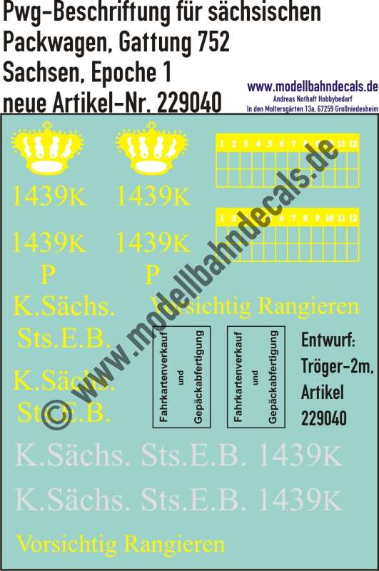 Nass-Schiebebilder: Pwg-Beschriftung für sächsischen Packwagen, Gattung 752 (Variante B), Sachsen, Epoche 1, Entwurf: Tröger-2m, Art. 229040.