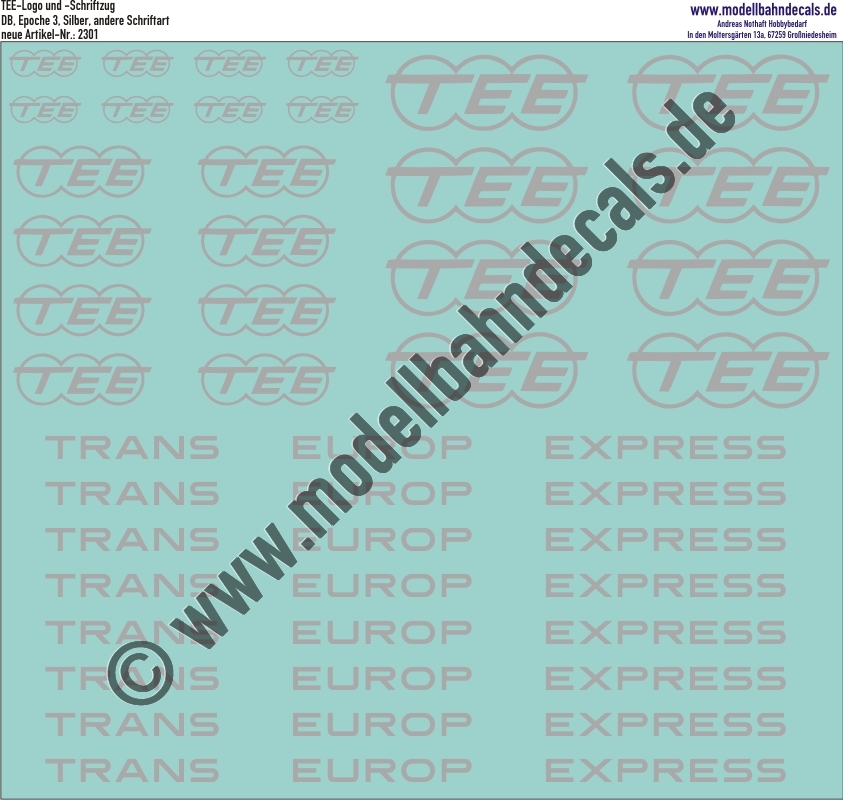 "Nass-Schiebebilder: TEE verschiedene Größen, Logo und Schriftzug, Silber, neue Version. Artikel-Nummer: 2301"