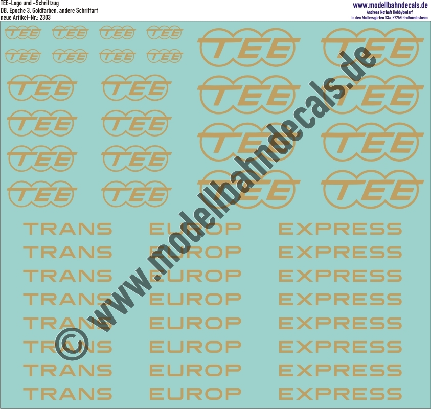 "Nass-Schiebebilder: TEE verschiedene Größen, Logo und Schriftzug, Goldfarben, neue Version. Artikel-Nummer: 2303"