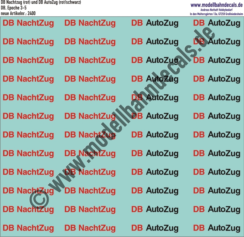 Nass-Schiebebilder: DB Nachtzug (Rot) und DB AutoZug (Rot/Schwarz). Artikel-Nummer: 2400