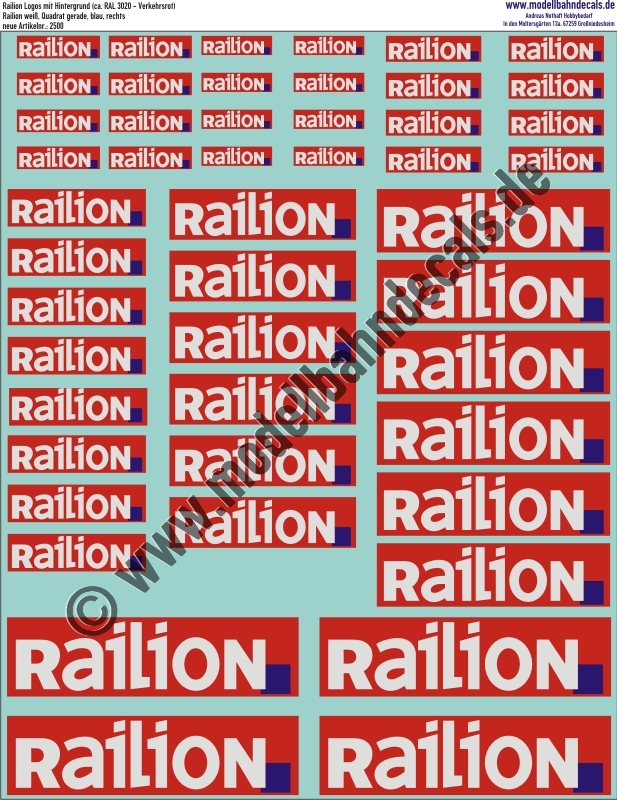 "Nass-Schiebebilder: Railion Weiss, Quadrat Blau rechts, auf rotem Grund ca. RAL 3020. Artikel-Nummer: 2500"