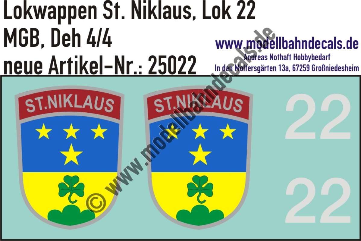 Nass-Schiebebilder: Taufnamen für Triebwagen St. Niklaus Deh 4/4, MGB, Epoche 3-4. Artikel-Nummer: 25022