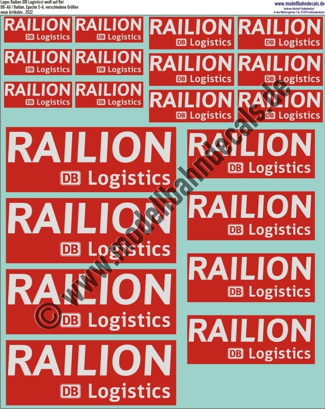 Nass-Schiebebilder: Railion (DB Logistics) Weiss auf rotem Grund ca. RAL 3020. Artikel-Nummer: 2522