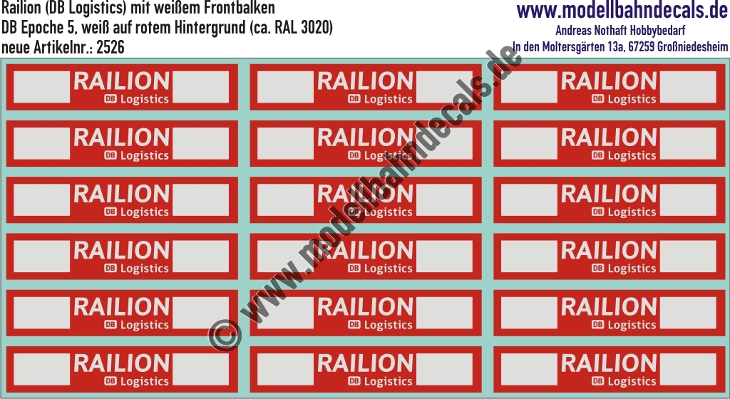 Nass-Schiebebilder: Railion (DB Logistics) Weiss - Stirnbalken Loks - auf rotem Grund ca. RAL 3020. Artikel-Nummer: 2526