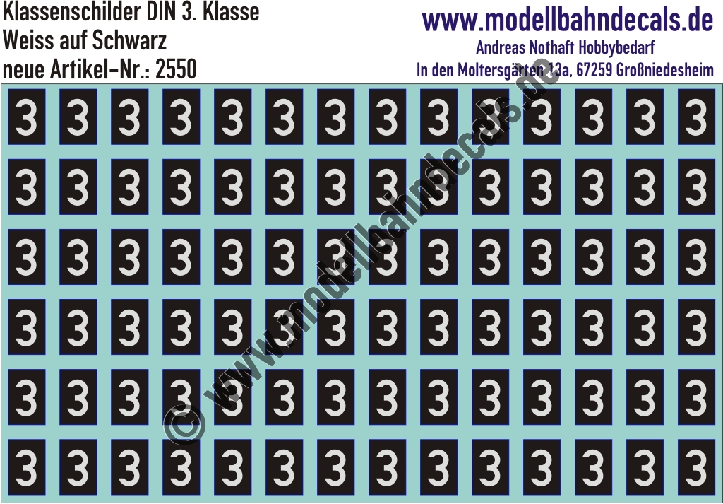 Nass-Schiebebilder: Klassenschilder/Klassenziffern 3. Klasse Weiss auf Schwarz. Artikel-Nummer: 2550