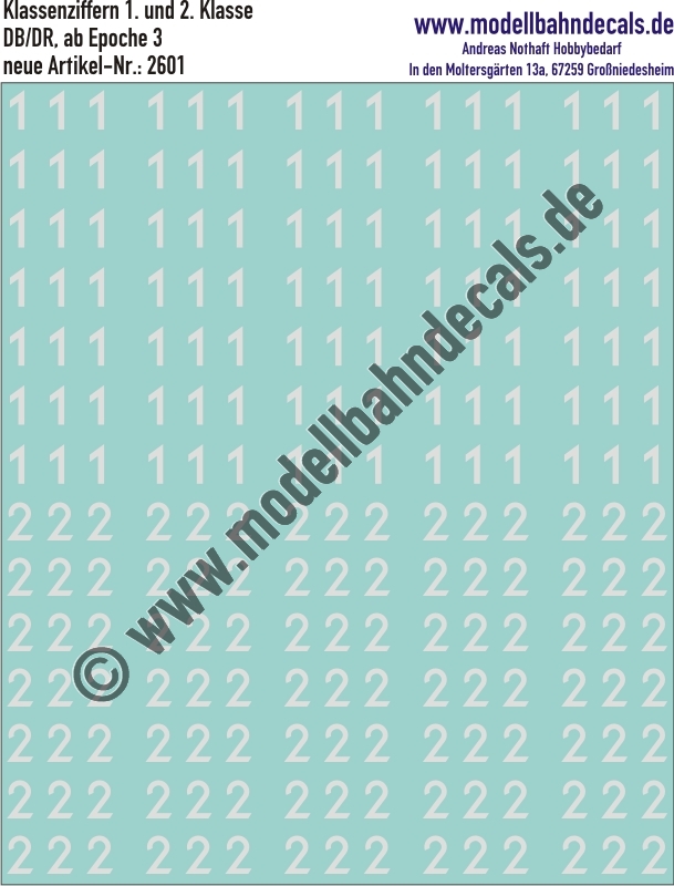 "Nass-Schiebebilder: Klassenschilder/Klassenziffern 1-2 DB, Weiss. Artikel-Nummer: 2601"