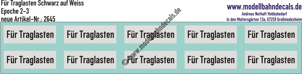 "Nass-Schiebebilder: Für Traglasten - Schwarz auf Weiss, Epoche 2-3. Artikel-Nummer: 2645"