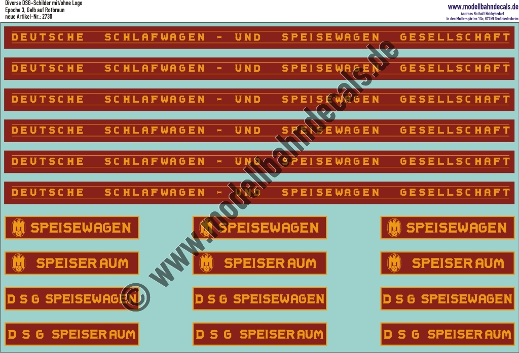 "Nass-Schiebebilder: DSG verschiedene Schilder, ausgeschrieben, mit/ohne Logo, Gelb auf Rotbraun. Artikel-Nummer: 2730"