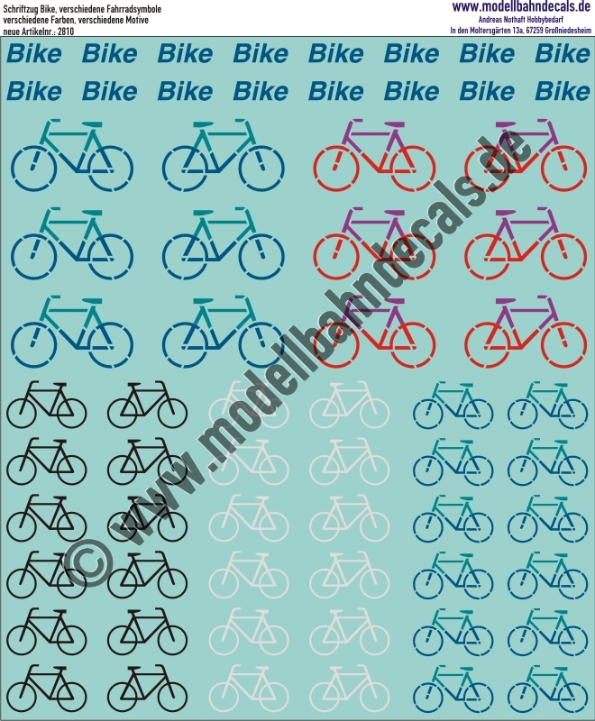 "Nass-Schiebebilder: Fahrradsymbole, verschiedene Farben, verschiedene Größen, ""Bike"". Artikel-Nummer: 2810"