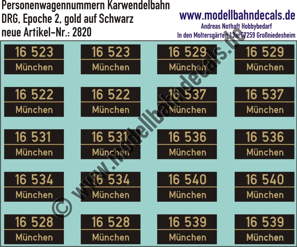 Nass-Schiebebilder: 10x2 Nummern Karwendelbahn Gold auf Schwarz. Artikel-Nummer: 2820