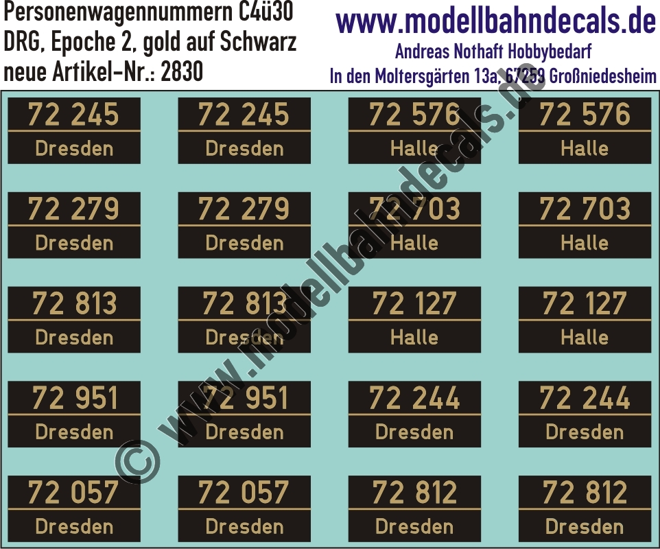 Nass-Schiebebilder: 10x2 Nummern C4ü 30 Gold auf Schwarz. Artikel-Nummer: 2830