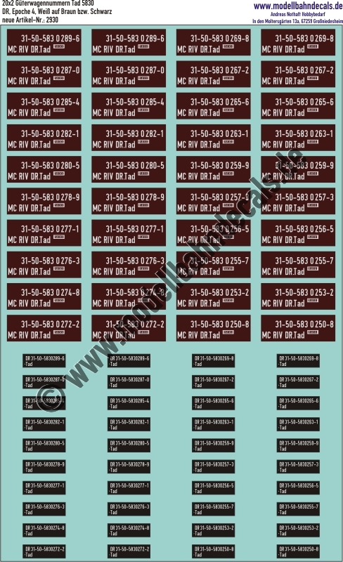 Nass-Schiebebilder: 20x2 Güterwagennummern DR Tad 5830 (Weiss auf Braun bzw. Schwarz). Artikel-Nummer: 2930