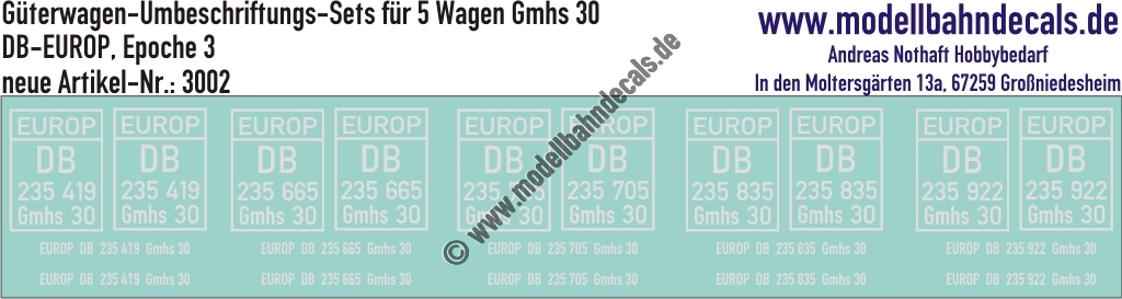 "Nass-Schiebebilder: 5x2 Umbeschriftungs-Sets für Güterwagen Gattung Gmhs 30, DB-EUROP, Epoche 3. Artikel-Nummer: 3002"