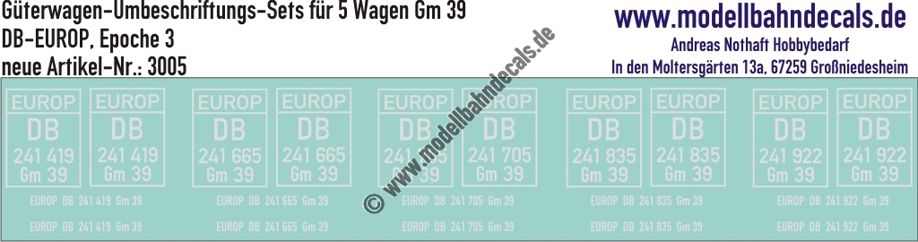 "Nass-Schiebebilder: 5x2 Umbeschriftungs-Sets für Güterwagen Gattung Gm 39, DB-EUROP, Epoche 3. Artikel-Nummer: 3005"