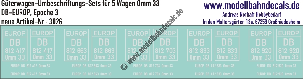 "Nass-Schiebebilder: 5x2 Umbeschriftungs-Sets für Güterwagen Gattung Omm 33, DB-EUROP, Epoche 3. Artikel-Nummer: 3026"